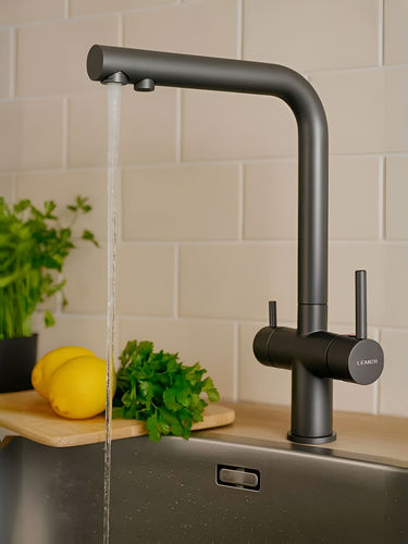 Изображение товара Смеситель для кухни с фильтром для питьевой воды серый графит, кран для раковины и кухонной мойки, матовый