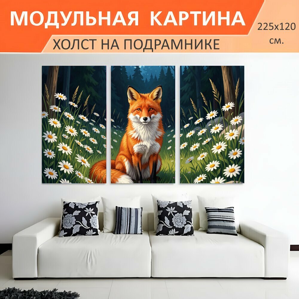 Модульная картина на холсте "Лиса среди ромашек в лесу. Яркая рыжая лисица сидит на лесной поляне, окружённой белыми ромашками и." триптих на подрамнике 225х120 см. для интерьера
