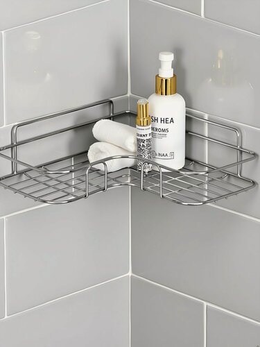 Изображение товара Полка для ванной металлическая угловая настенная 26х26х5 см с силиконовым креплением, цвет хром, артикул T2022-HT023