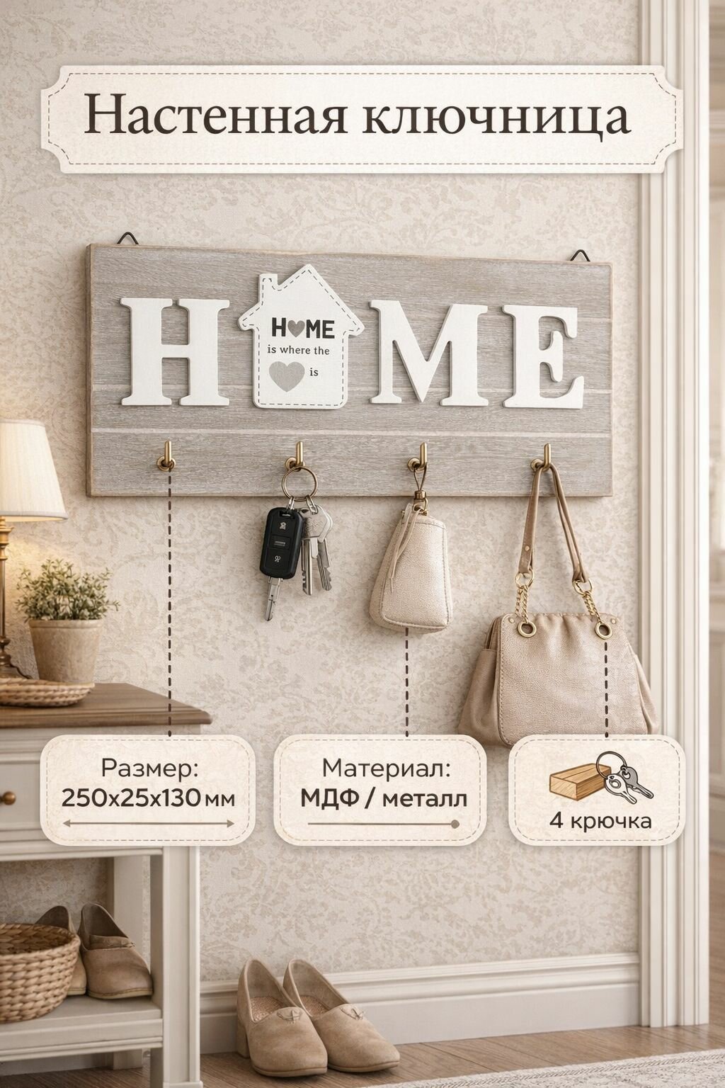 Настенная ключница "Волшебная страна HOME" из МДФ, металл 250х25х130 мм