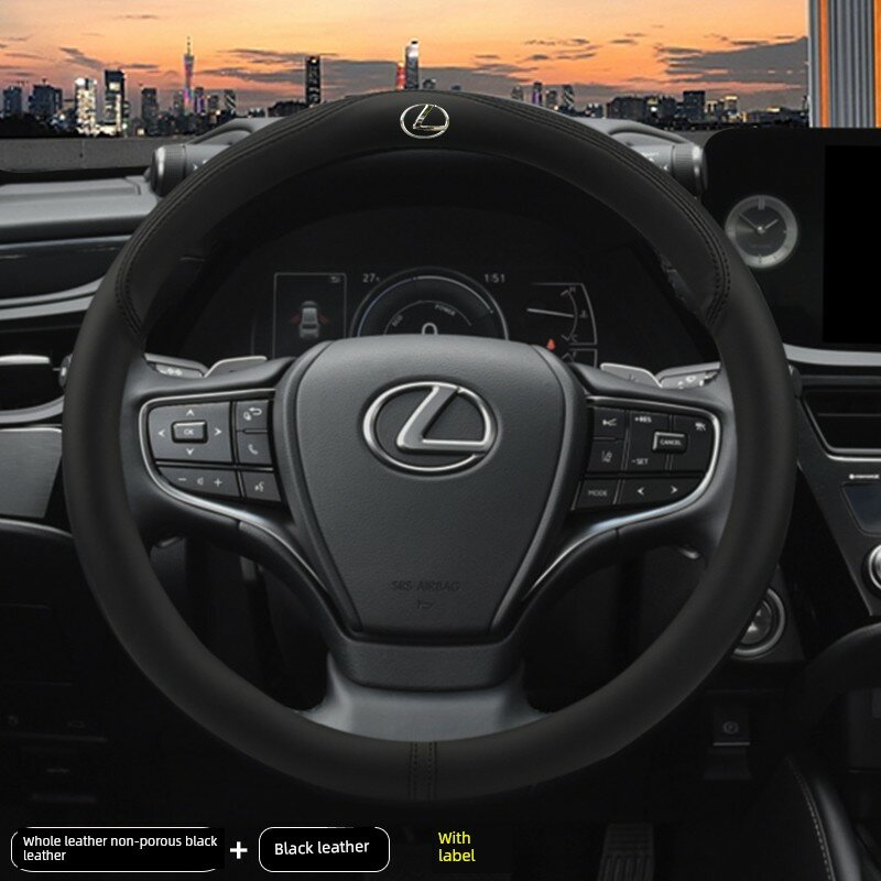 Кожаный чехол на рулевое колесо для Lexus с круглой эмблемой, неперфорированный, черный и черный
