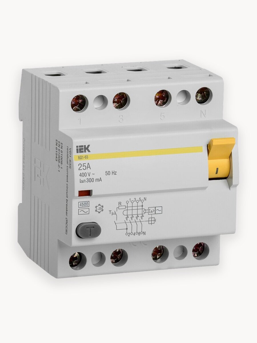 Выключатель дифференциальный (УЗО) IEK ВД1-63 4Р 25А 300мА, тип АС, IP20, 380В, белый, на din-рейку