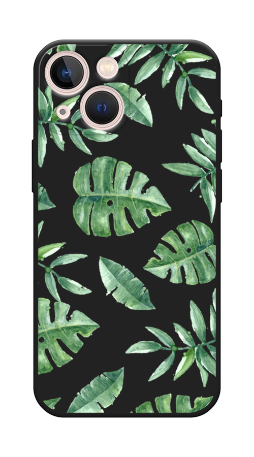 Матовый силиконовый чехол на Apple iPhone 13 mini / Айфон 13 мини Нарисованные пальмовые листья, черный