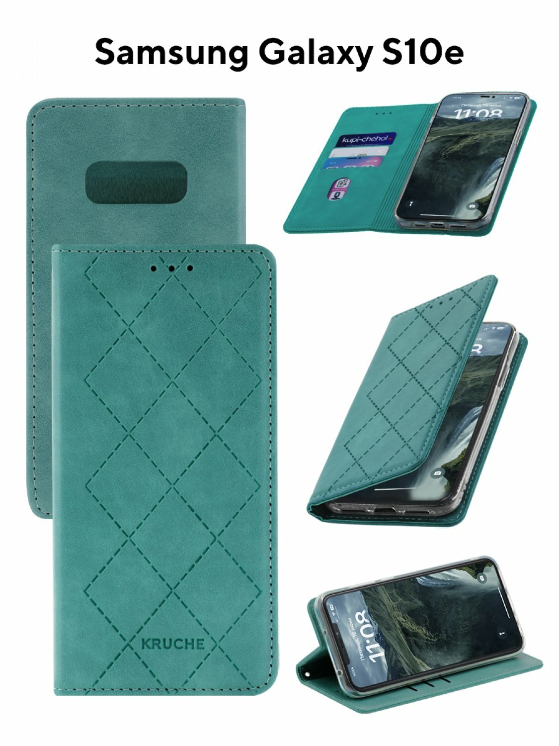 Чехол на Samsung S10e Kruche Rhombus зеленый, книжка с карманом для карт, противоударный, защитный кейс, с магнитом для Самсунг с10е