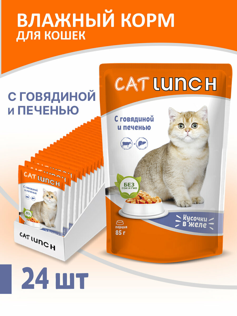 Влажный корм для кошек Cat Lunch кусочки в желе Говядина и Печень, пауч 85гх24шт - фотография № 1