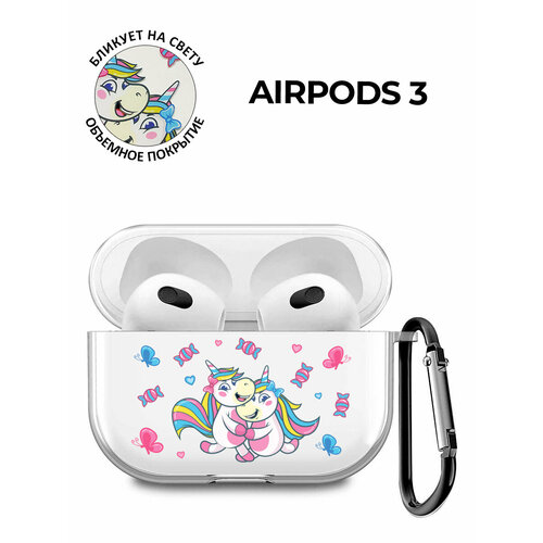 Силиконовый прозрачный чехол для наушников Apple AirPods 3 / АирПодс 3 с 3D принтом "Unicorn and candies" бесцветный