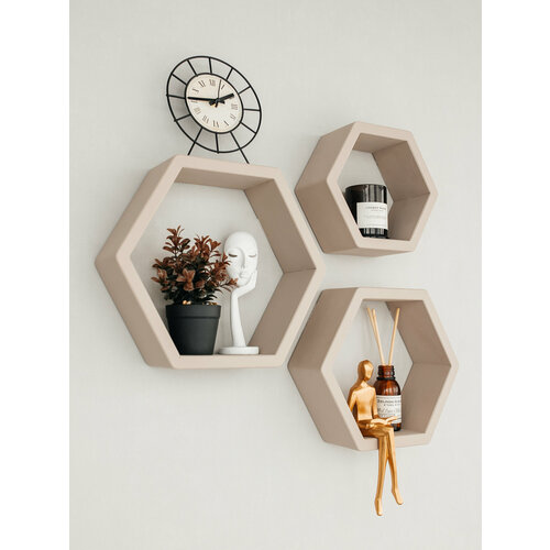 Полка настенная навесная соты, декоративная, деревянная, комплект 3 шт.