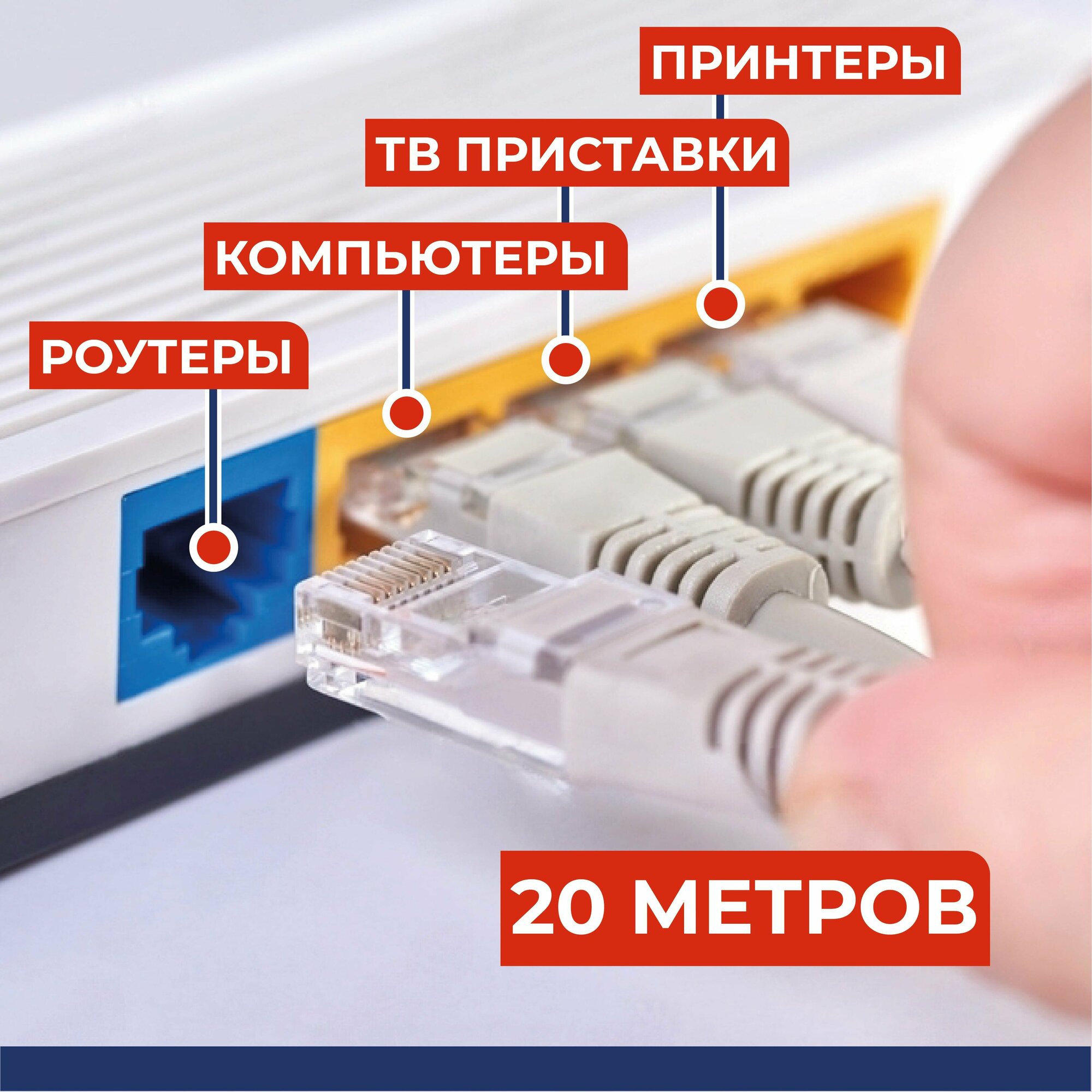 Патч-корд 20 метров, интернет кабель RJ-45, категория 5e, U/UTP, 26 AWG, сетевой Enternet Lan для соединения интернета 20м, серый — фото 1