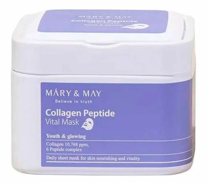 Набор тканевых масок c коллагеном и пептидами MARY&MAY 30шт (Collagen Peptide Vital Mask, антивозрастная корейская косметика против морщин)