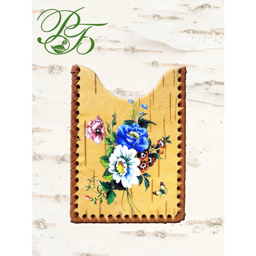 Обложка-карман для проездного билета Русская береста, горчичный, синий, белый