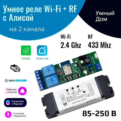 Умное реле с Алисой на 2 канала 220 В Wi-Fi Tuya RF 433 МГц 160000₽