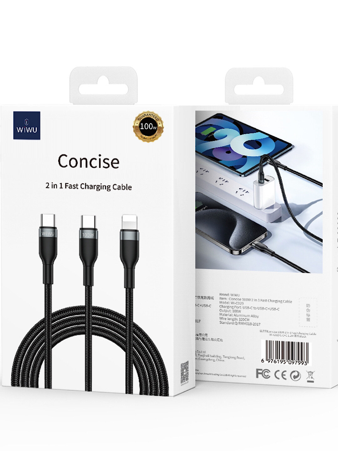 WIWU Concise универсалный и высококачественный провод 2в1 100W USB-C to USB-C + Lighting Cable 1200мм