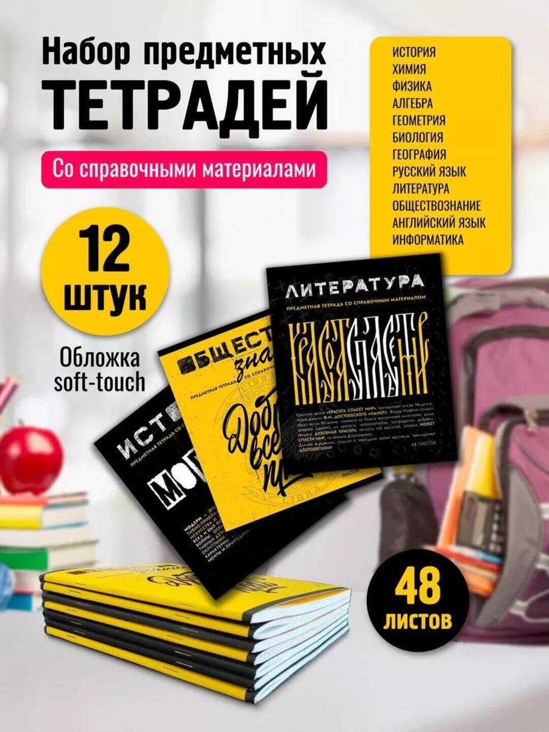 Комплект предметных тетрадей A5, 48 л, в клетку и линию, 12 шт, со справочной информацией
