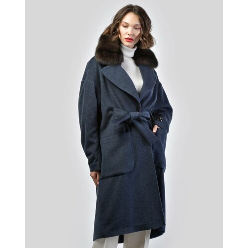 Пальто LANGIOTTI, соболь, силуэт свободный, пояс/ремень, размер 40, синий