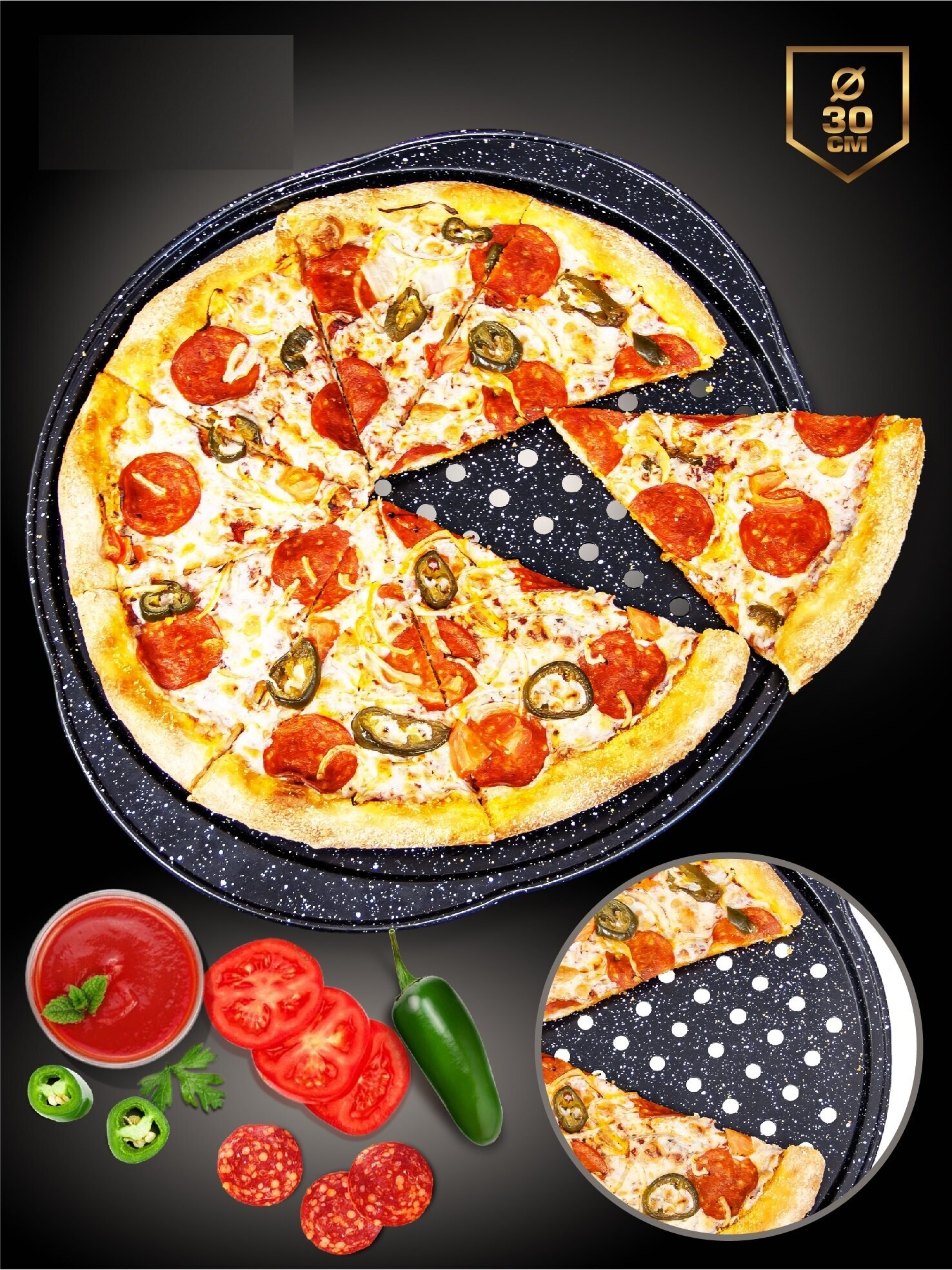 Форма для пиццы с перфорацией и антипригарным покрытием, 35х32х1.5 см цвет черный - фотография № 2