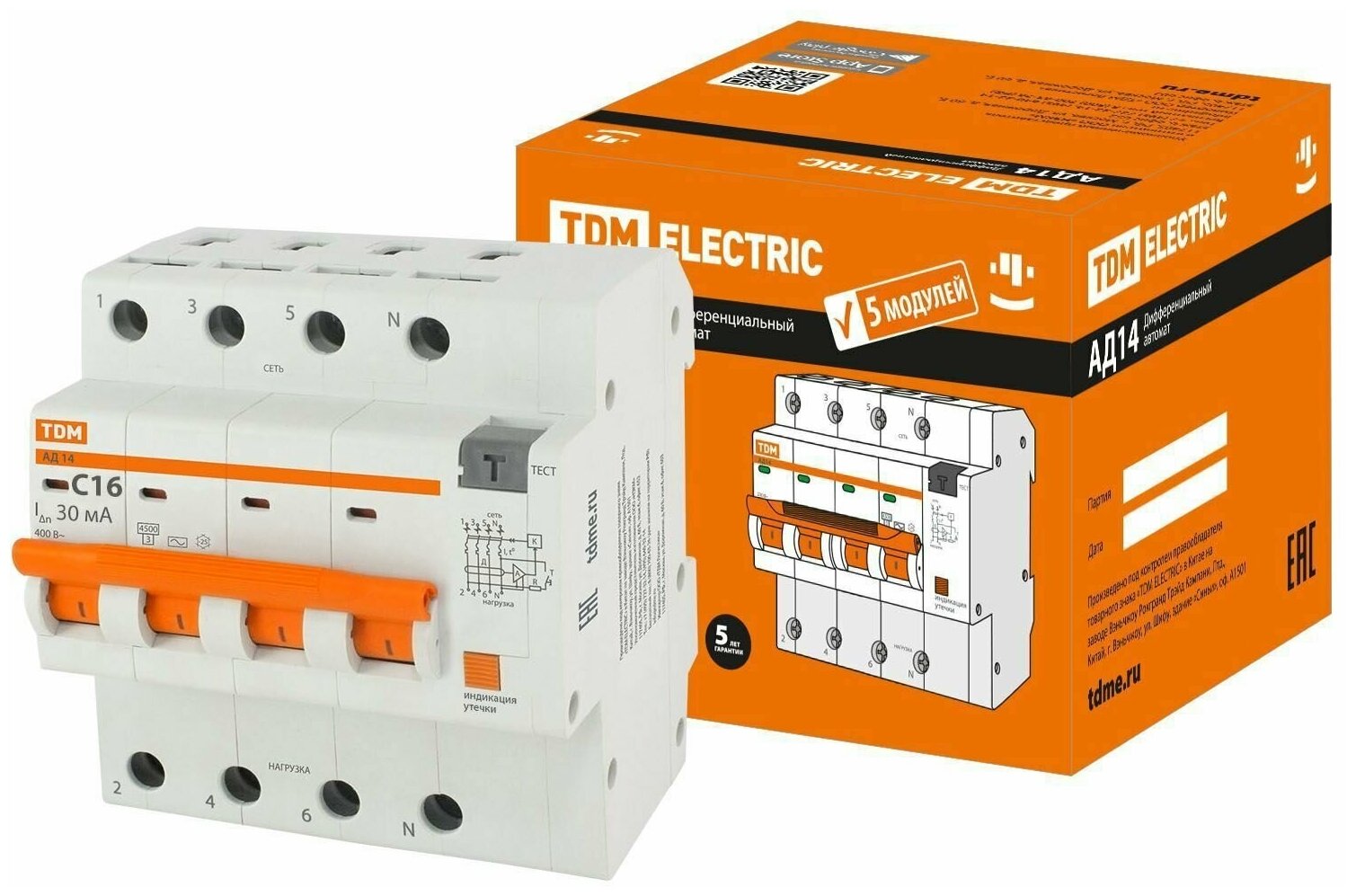 Дифференциальный автомат TDM Electric АД14 4P C16 А 30 мА 4.5 кА С SQ0204-0130