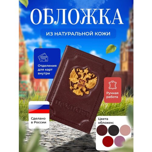 обложка на паспорт мужская женская кожаная с гербом с кармашками для банковских карт Обложка для паспорта Moon Land, бордовый