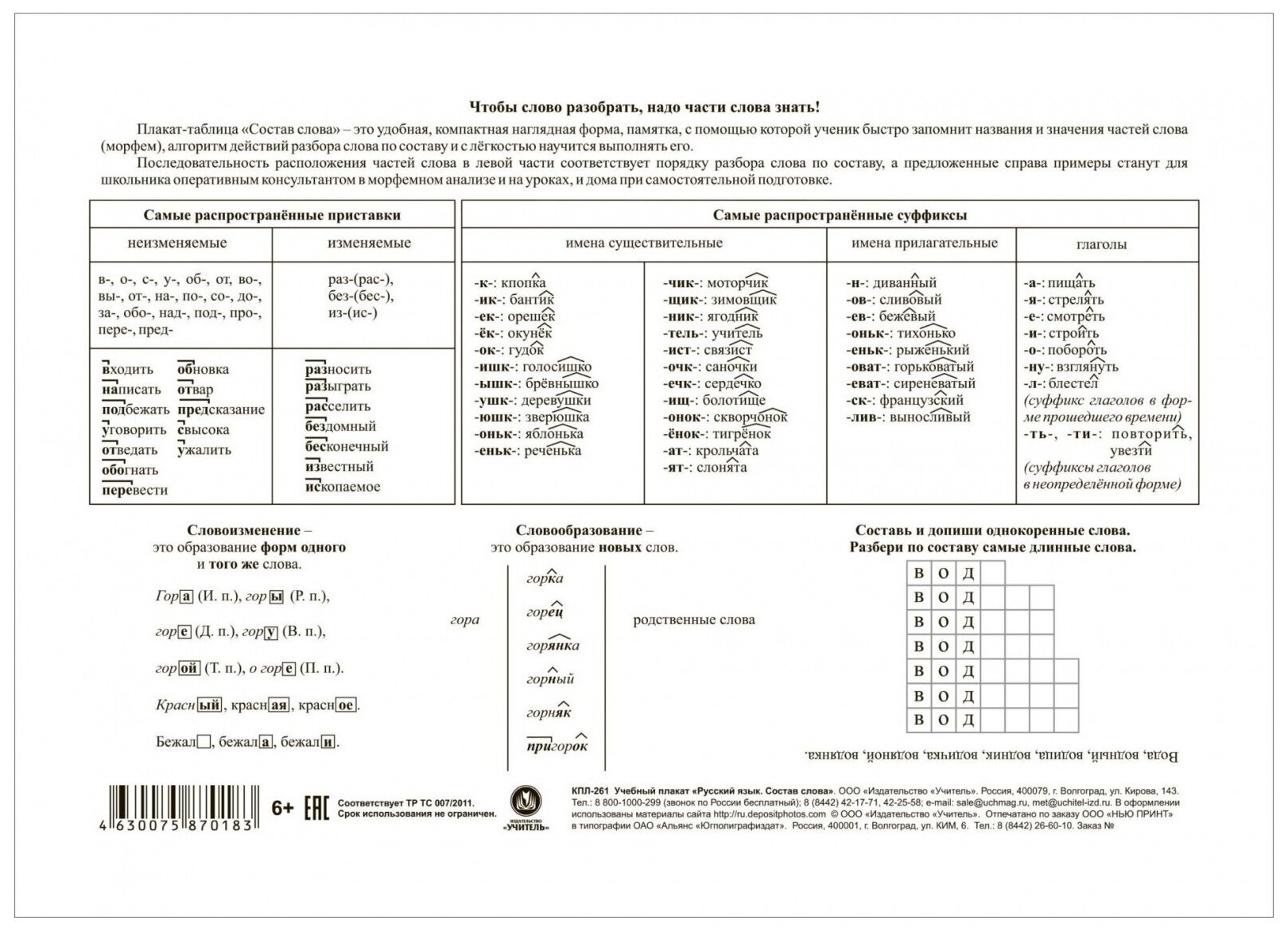 Плакат обучающий Учитель Русский язык, Состав слова, А5 (КПЛ-261)