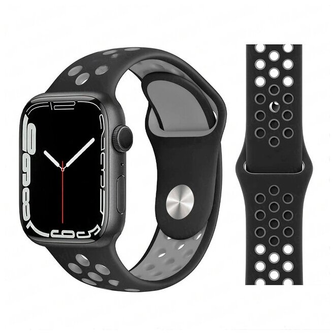 Ремешок силиконовый перфорированный Sport NK для Apple Watch 42/44/45/49 мм, на кнопке, черный+серый (1)