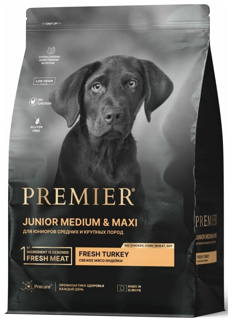 Корм сухой для собак Premier Dog Turkey JUNIOR Medium&Maxi Свежее мясо индейки (юниоров средних и крупных пород) 1 кг