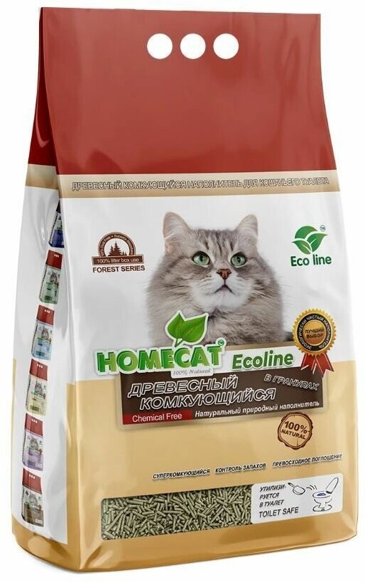 HOMECAT Ecoline 12 л древесный комкующийся наполнитель в гранулах для кошачьих туалетов 1 шт