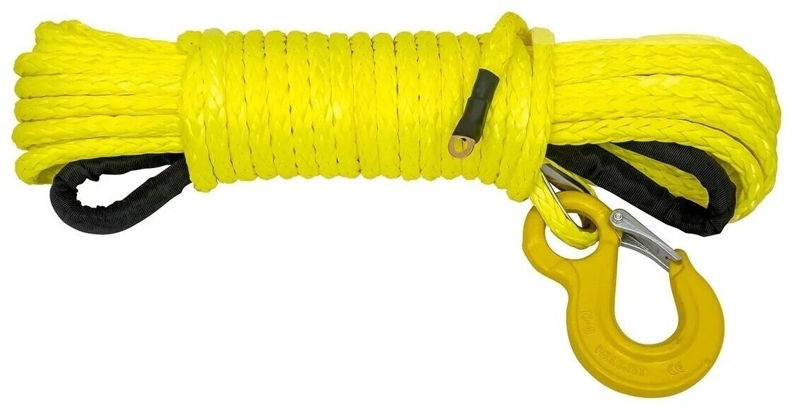 Трос синтетический для автомобильной лебедки 10 мм 25 м с крюком и коушем желтый