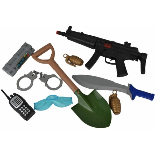 фото Игрушечное оружие набор военного: автомат-трещотка, рация, очки, наручники, кинжал, лопатка, граната - 2шт, бомба, 0055-j83 zhorya