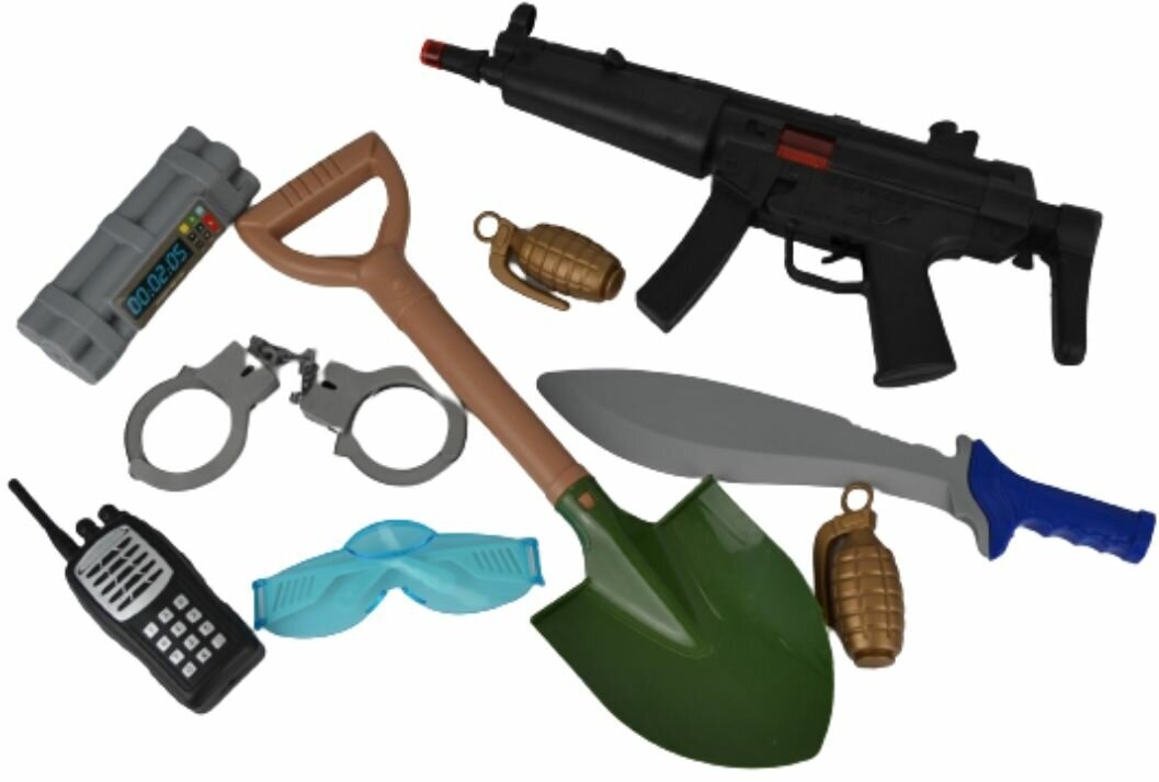 Детское игрушечное оружие набор военного полицейского для мальчика: автомат трещотка, лопата, наручники, бомба, рация, 2 гранаты