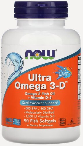 Изображение товара Now Ultra Omega 3-D 600EPA/300DHA, Омега-3 Рыбий жир 1200мг + Витамин D3 1000 ME 90 soft