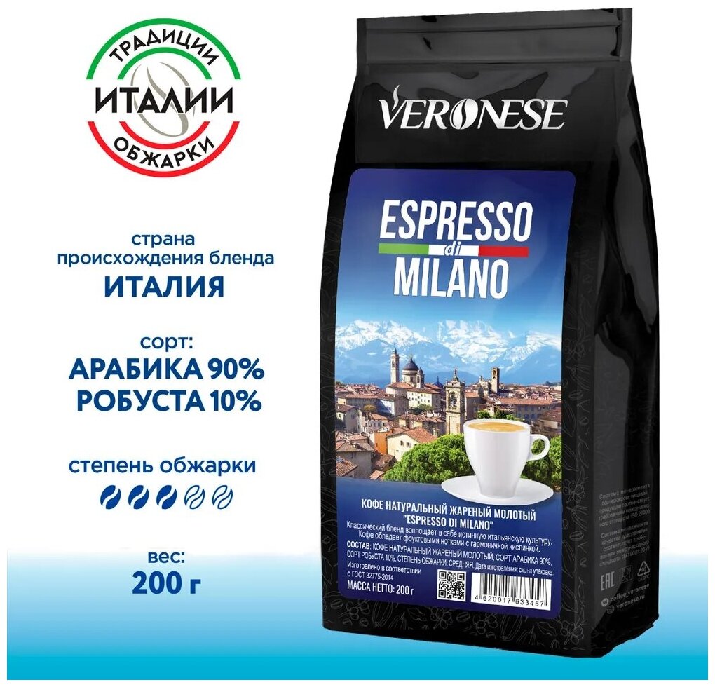 Кофе молотый Veronese ESPRESSO DI MILANO, жареный, 200 гр. — купить в интернет-магазине по низкой цене на Яндекс Маркете