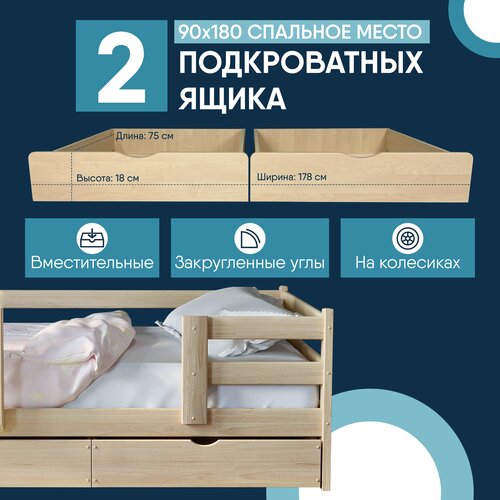 Ящик под кровать/ 2 выкатных ящика Standart для детской кровати 180х90, Без покраски, для игрушек и постельного белья, подкроватный на колесиках