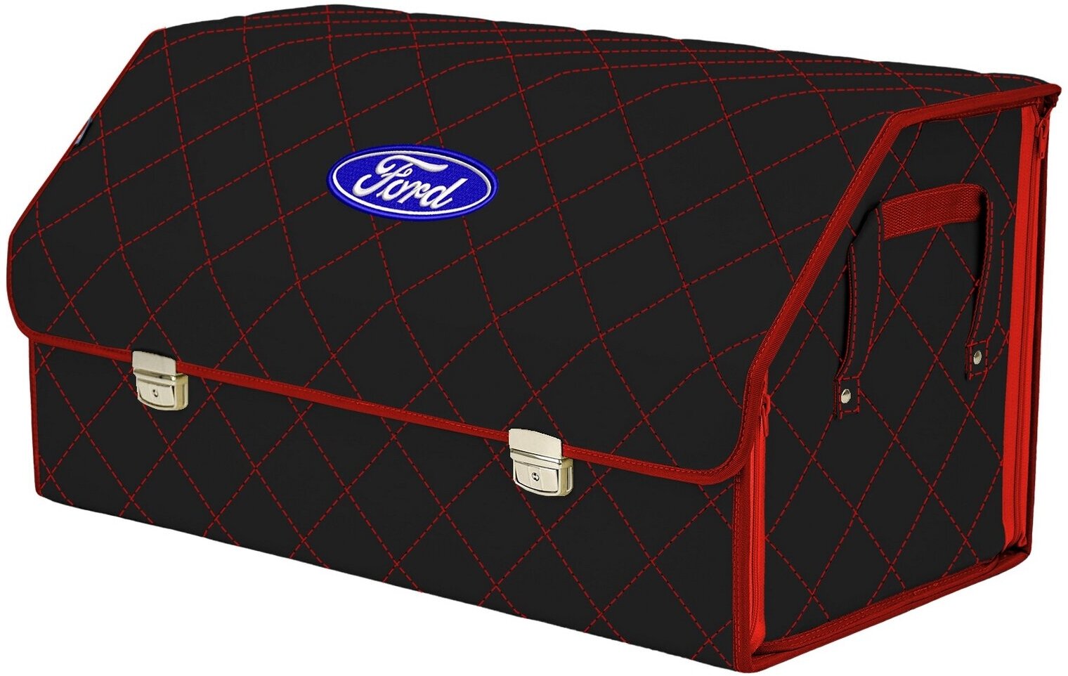 Органайзер-саквояж в багажник "Союз Премиум" (размер XL Plus). Цвет: черный с красной прострочкой Ромб и вышивкой Ford (Форд).