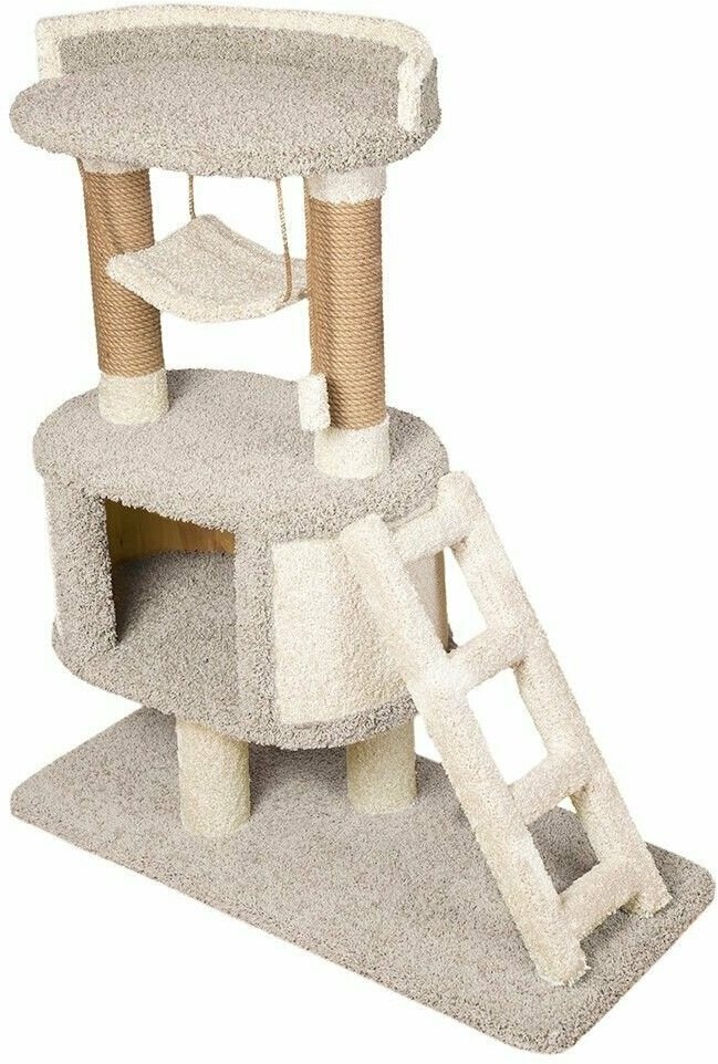 Высокая когтеточка-столбик с домиком и лежанкой для кошек "Игруля" серый - фотография № 1