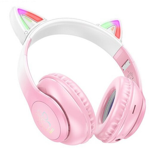 Детские беспроводные наушники со светящимися кошачьими ушками и цветными лапками розовые