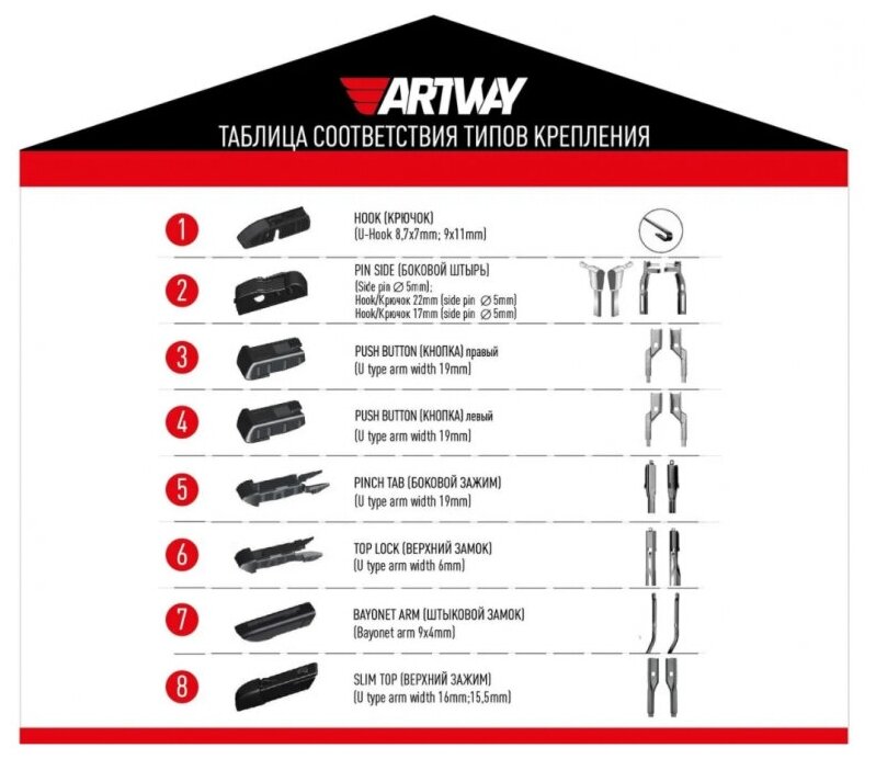 Щетка стеклоочистителя ARTWAY 700 мм (28") бескаркасная, всесезонная, резиновый спойлер, горячий тефлон на чистящем лезвии, 8 адаптеров - фото №10