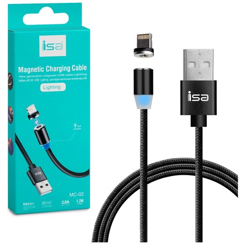 Кабель магнитный ISA MC-02 USB-Lightning Черный кабель usb type c 1 2m 2a магнитный mс 03 usb isa синий