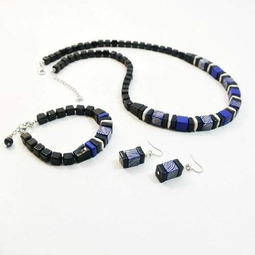 Комплект бижутерии Tularmodel: серьги, колье, браслет, размер браслета 18 см, размер колье/цепочки 59 см, синий, черный
