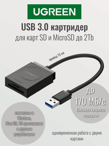 Изображение товара Кардридер UGREEN CR127 (20250) USB 3.0 Card Reader TF+SD. Цвет: черный