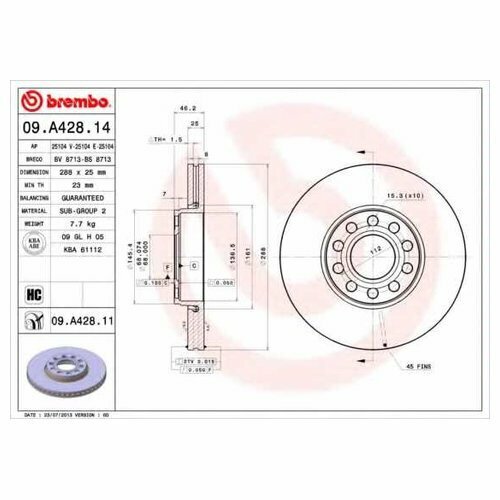 Диск тормозной skoda superb i (3u4) 12/01-03/08 / vw passat b5 (3b2) 08/96-12/01 Brembo 09A42814 для Skoda Superb I; VW Passat