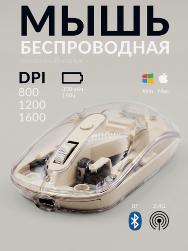 Изображение товара Мышь компьютерная , беспроводная, оптическая, эргономичная, прозрачная, 2 способа подключения, DPI 800 -1600