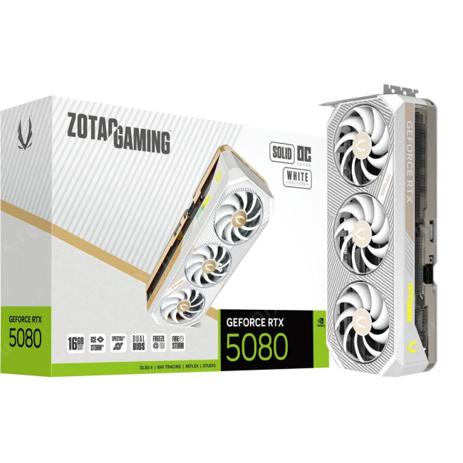 ZT-B50800Q-10P Zotac PCI-E 5.0 RTX 5080 SOLID OC WHITE ED NVIDIA GeForce RTX 5080 16Gb 256bit GDDR7 2640/30000 HDMIx1 D