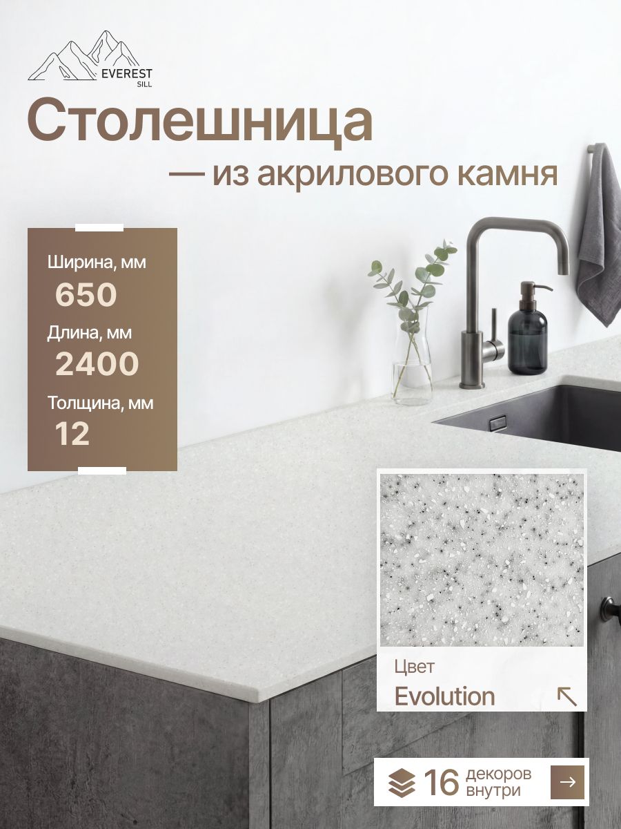Столешница из искусственного камня 2400x650x12мм Evolution глянцевый