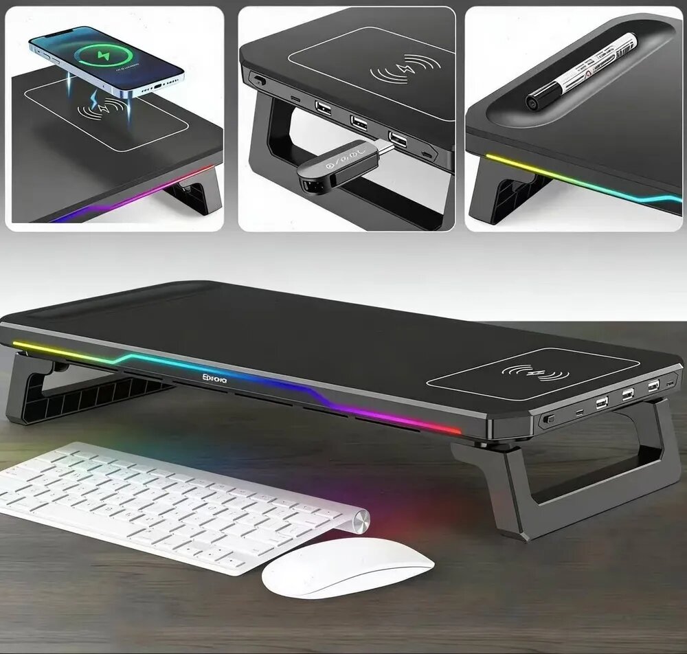 Подставка для монитора XSQZJ-01 с USB-хабом и RGB-подсветкой настольная - универсальная складная полка под монитор на стол с портами