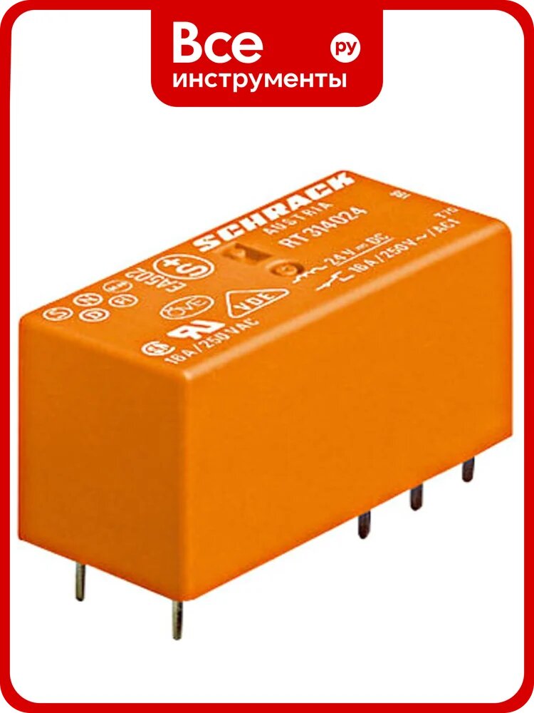 Реле Schrack Technik PCB, 2 переключающих контакта, 8A, 230V АC, шаг 5,0мм, AgCdO артикул Австрия RP420730