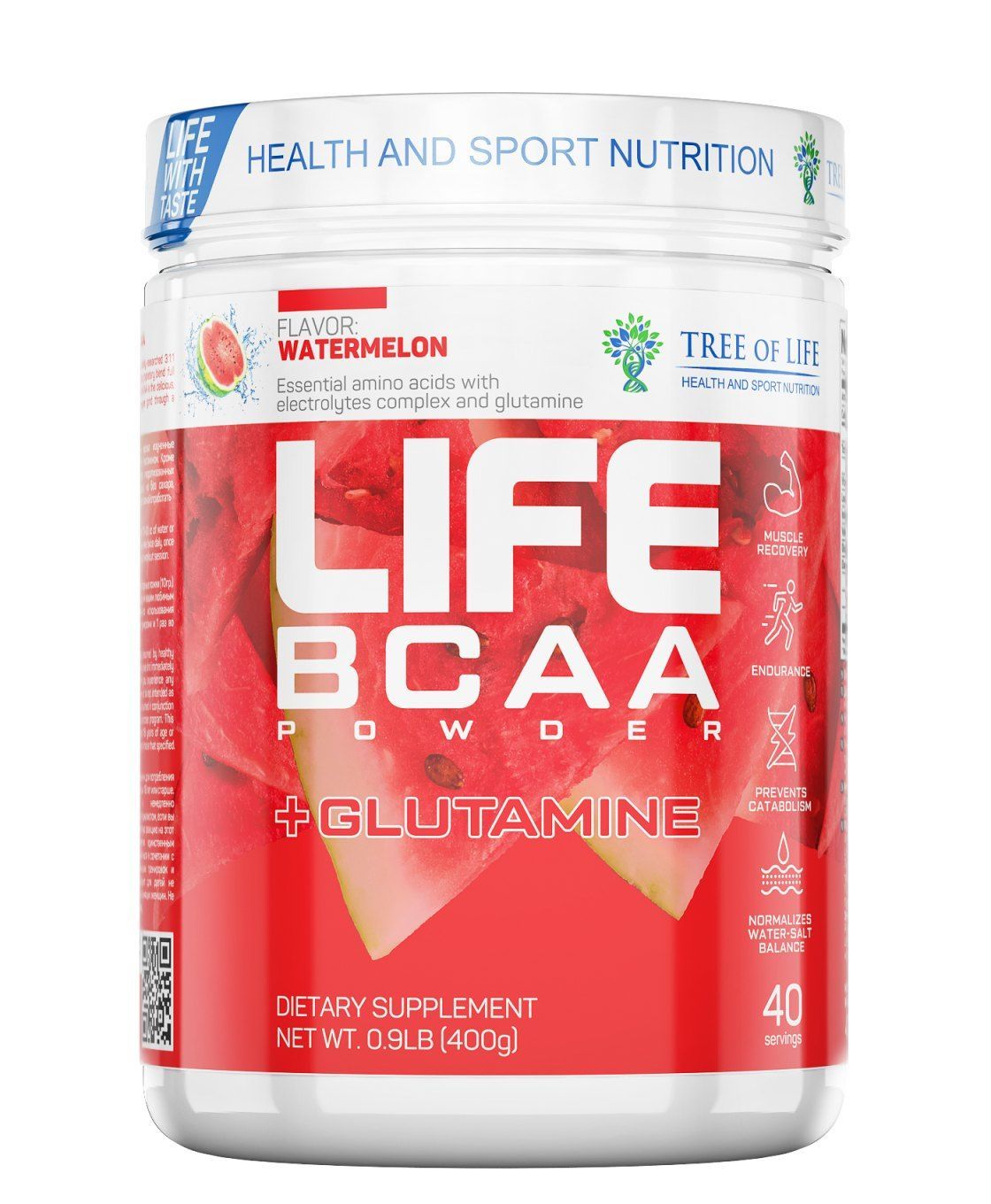Аминокислотный комплекс бсаа + Глютамин Tree of Life Life BCAA Powder + Glutamine, 400 гр, 40 порций, арбуз
