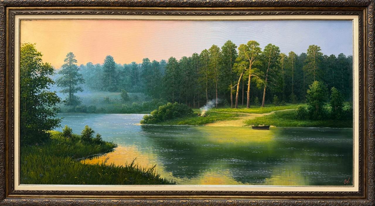 Картина маслом, пейзаж "После рыбалки". Холст/Масло, 2021. Размер 60х120. Автор Е. Солдатов