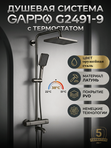 Изображение товара Душевая система с термостатом GAPPO G2491-9, оружейная сталь, латунь