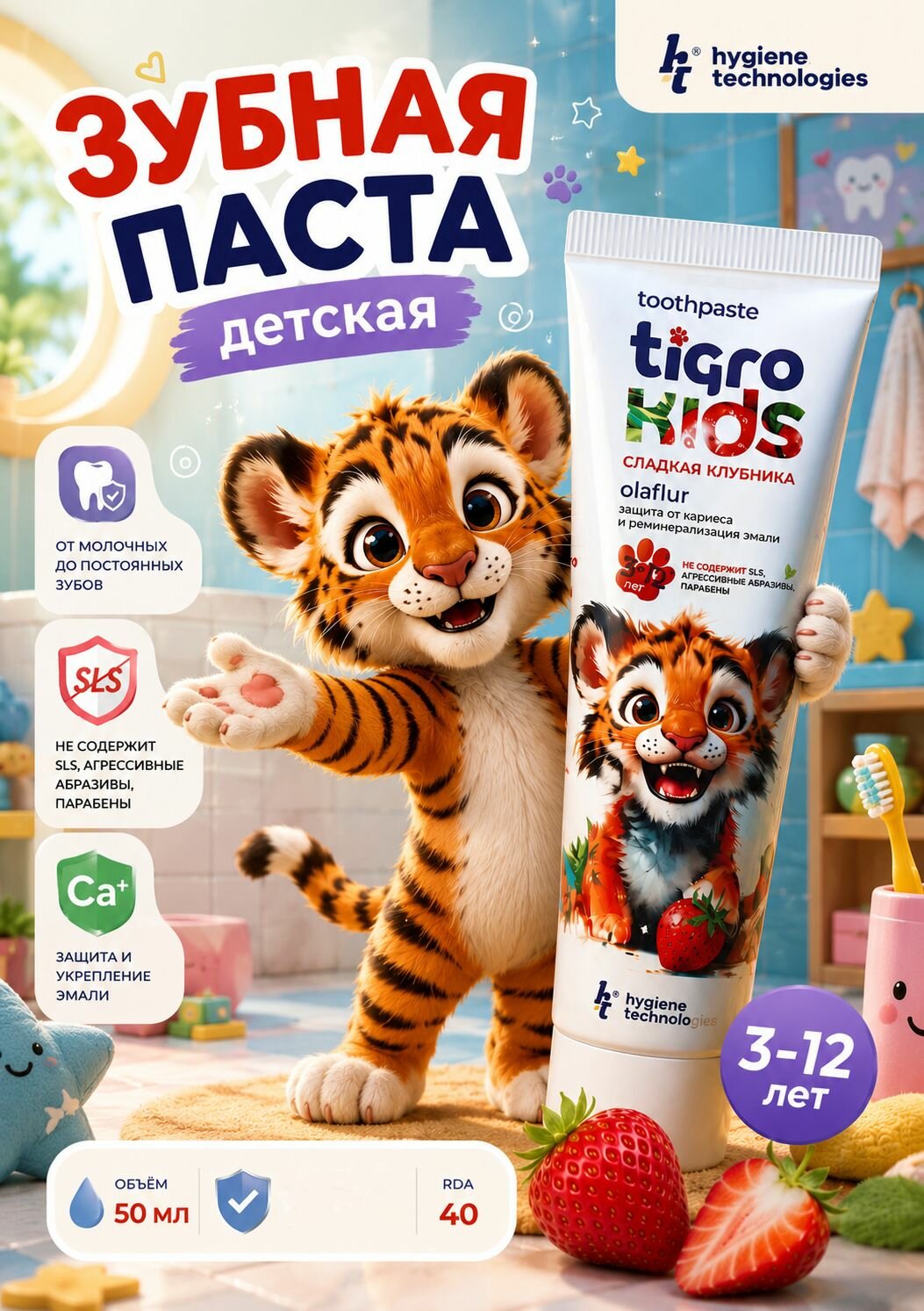 Детская зубная паста HT сладкая клубника от 3 до 12 лет, с ксилитом, от кариеса и налета,50 мл