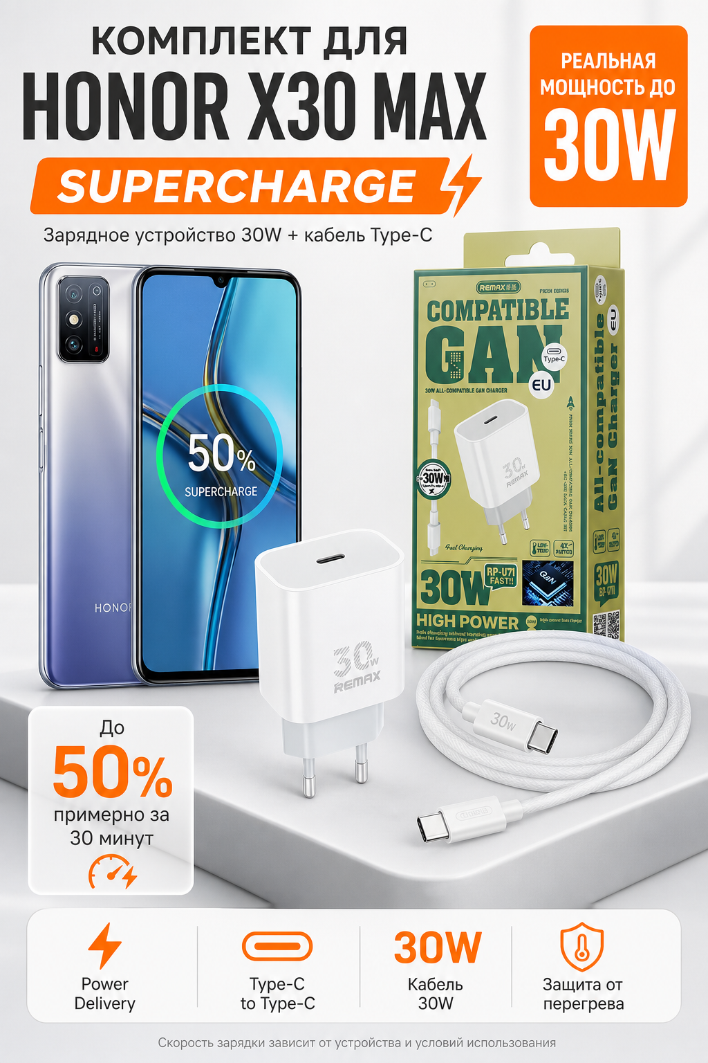 Комплект зарядки Honor X30 Max блок и кабель USB Type-C 30 Вт быстрая зарядка
