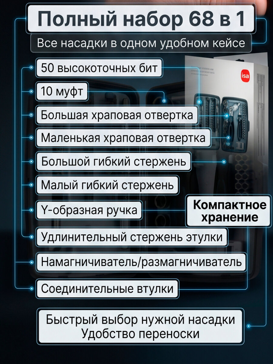 Набор инструментов ISA mini 68 в 1 с трещоткой — фото 1
